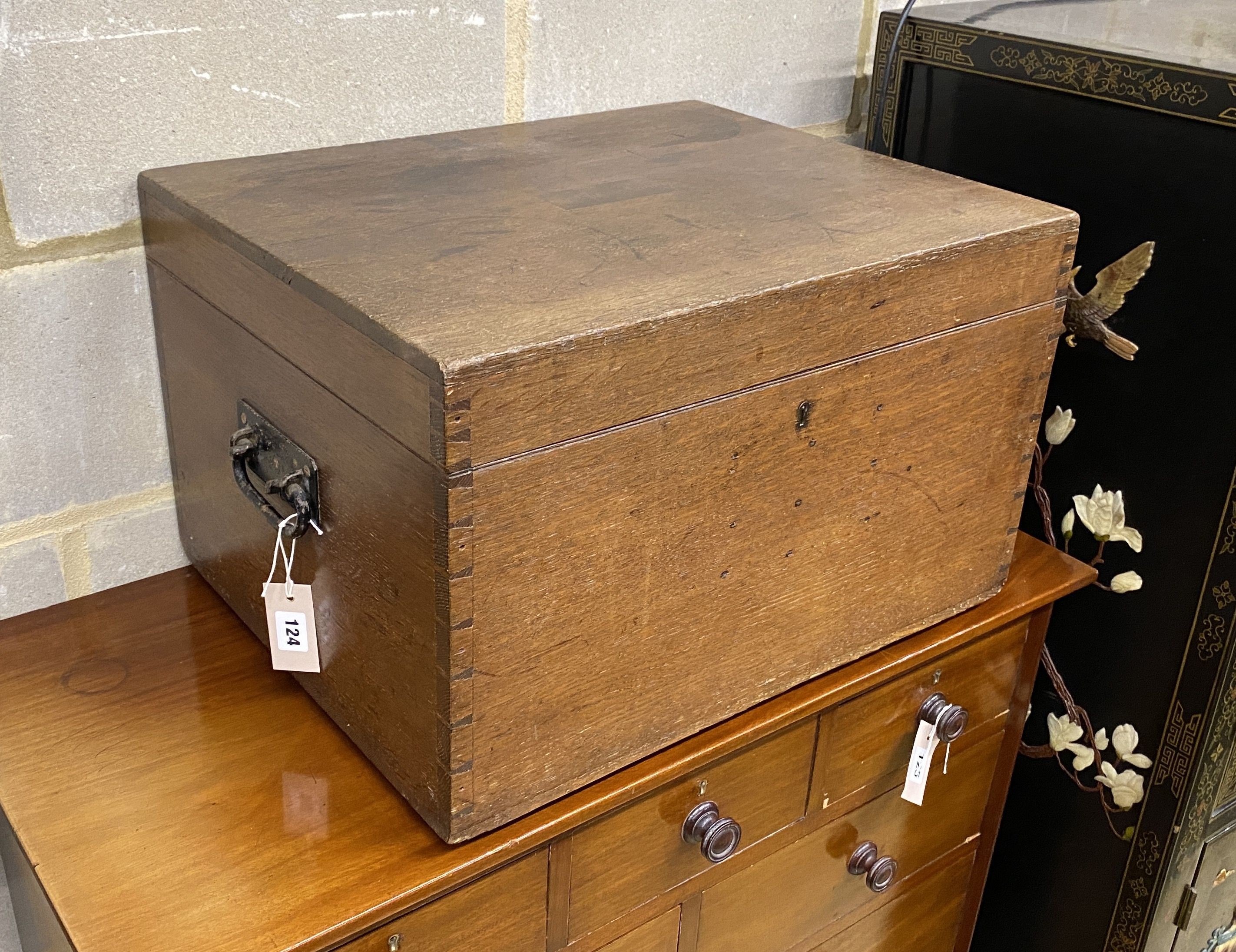 A Victorian oak box, the cover with engraved brass plaque R. Foster Esq., length 56cm, depth 45cm, height 36cm